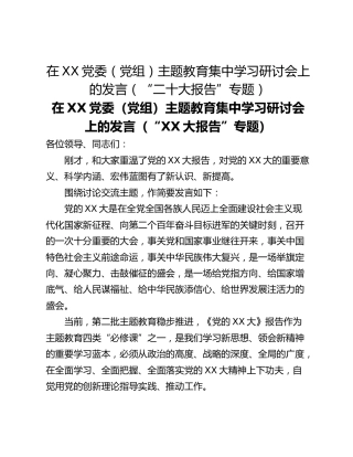 在XX党委（党组）主题教育集中学习研讨会上的发言（“二十大报告”专题）