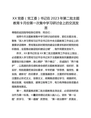 XX党委（党工委）书记在2023年第二批主题教育9月份第一次集中学习研讨会上的交流发言