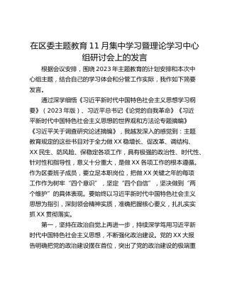在区委主题教育11月集中学习暨理论学习中心组研讨会上的发言