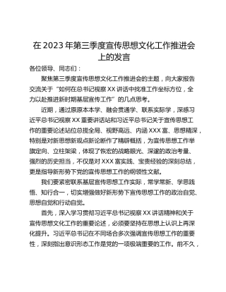 在2023年第三季度宣传思想文化工作推进会上的发言