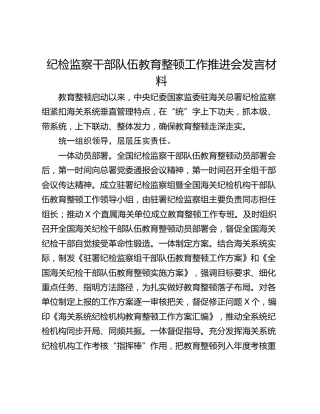 纪检监察干部队伍教育整顿工作推进会发言材料