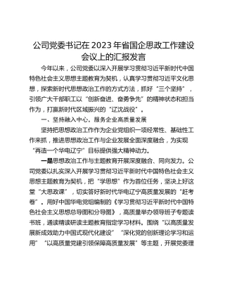 公司党委书记在2023年省国企思政工作建设会议上的汇报发言
