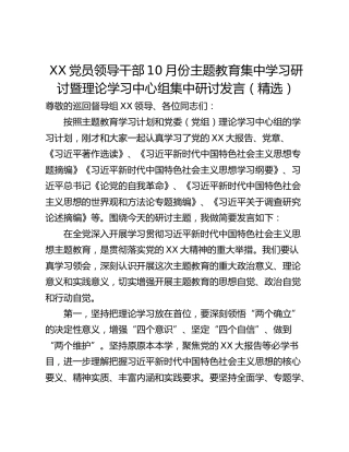 XX党员领导干部10月份主题教育集中学习研讨暨理论学习中心组集中研讨发言（精选）