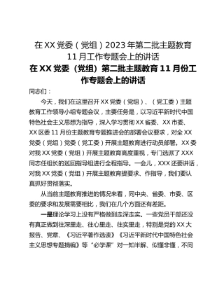 在XX党委（党组）2023年第二批主题教育11月工作专题会上的讲话