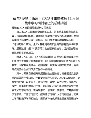 在XX乡镇（街道）2023年主题教育11月份集中学习研讨会上的总结讲话