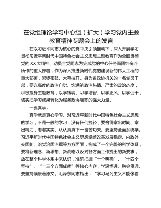 在党组理论学习中心组（扩大）学习党内主题教育精神专题会上的发言