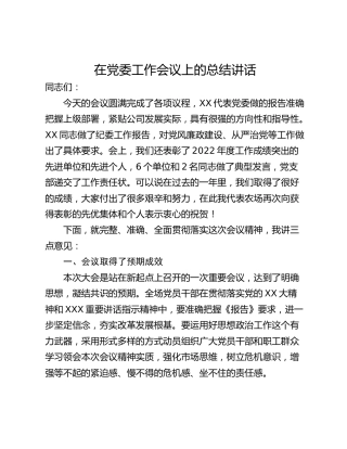 在党委工作会议上的总结讲话