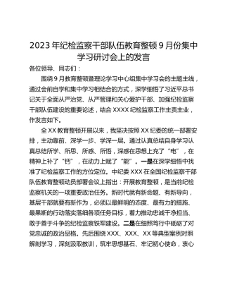 2023年纪检监察干部队伍教育整顿9月份集中学习研讨会上的发言