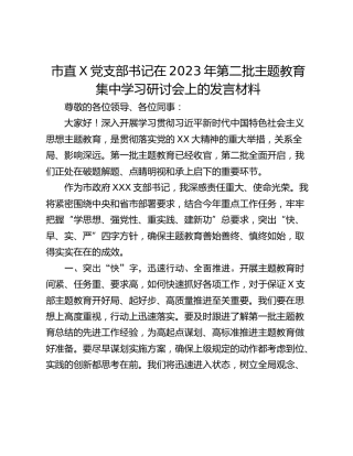 市直X党支部书记在2023年第二批主题教育集中学习研讨会上的发言材料