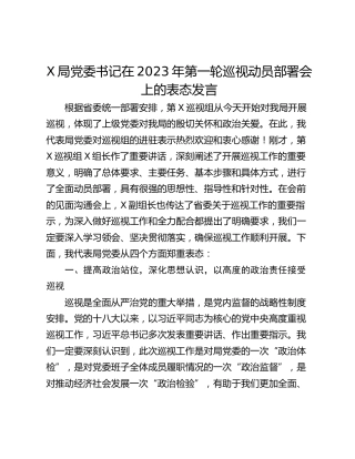 X局党委书记在2023年第一轮巡视动员部署会上的表态发言_1