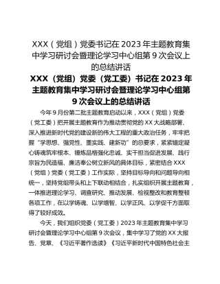 XXX（党组）党委书记在2023年主题教育集中学习研讨会暨理论学习中心组第9次会议上的总结讲话