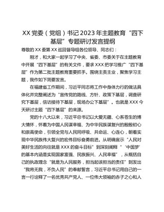XX党委（党组）书记2023年主题教育“四下基层”专题研讨发言提纲