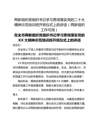 两新组织党组织书记学习贯彻落实党的二十大精神示范培训班开班仪式上的讲话（两新组织工作可用）