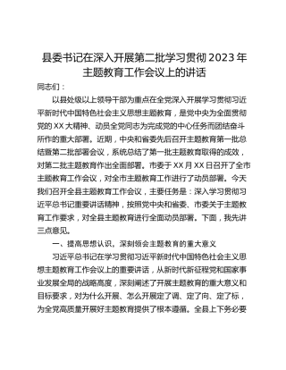县委书记在深入开展第二批学习贯彻2023年主题教育工作会议上的讲话