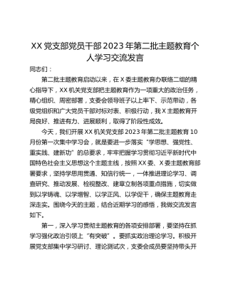 XX党支部党员干部2023年第二批主题教育个人学习交流发言