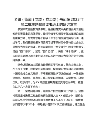 乡镇（街道）党委（党工委）书记在2023年第二批主题教育读书班上的研讨发言