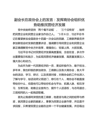 副会长在政协会上的发言：发挥商协会组织优势助推民营经济发展