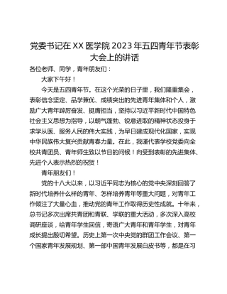党委书记在XX医学院2023年五四青年节表彰大会上的讲话