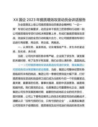 XX国企2023年提质增效攻坚动员会讲话报告