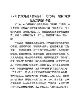 Xx开发区党建工作案例：一核双链三融合 释放园区发展新动能