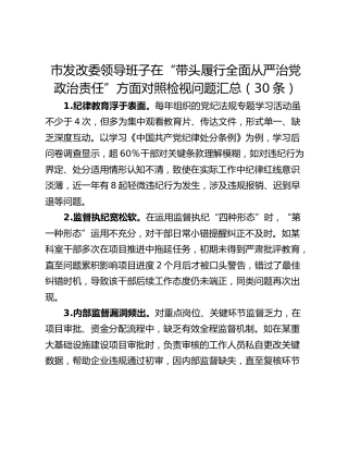 市发改委领导班子在“带头履行全面从严治党政治责任”方面对照检视问题汇总（30条）