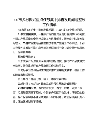 xx市乡村振兴重点任务集中排查发现问题整改工作清单