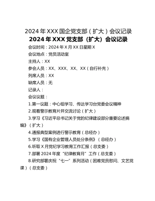 2024年XXX国企党支部（扩大）会议记录
