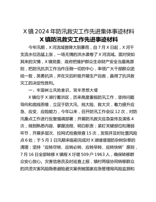 X镇2024年防汛救灾工作先进集体事迹材料