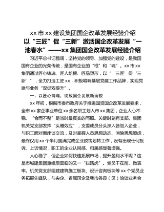 xx市xx建设集团国企改革发展经验介绍