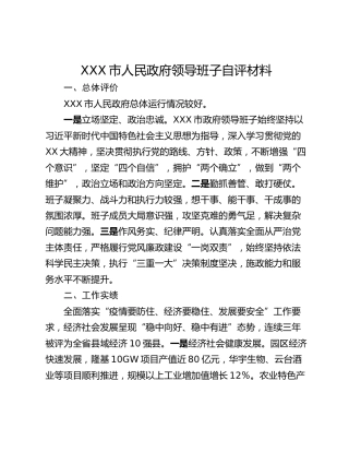 XXX市人民政府领导班子自评材料
