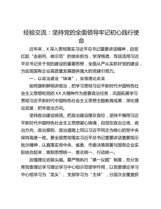 经验交流：坚持党的全面领导牢记初心践行使命