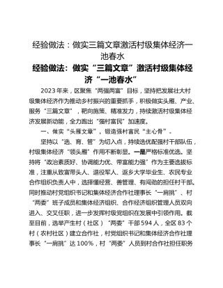 经验做法：做实三篇文章激活村级集体经济一池春水