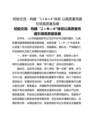 经验交流：构建“1N4”体系 以高质量党建引领高质量发展