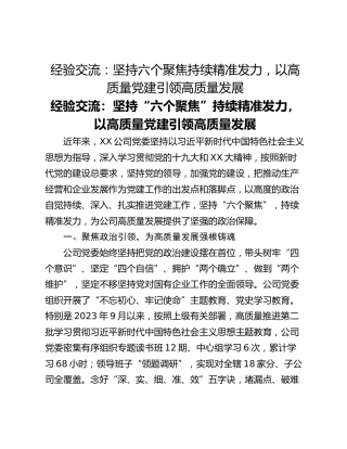 经验交流：坚持六个聚焦持续精准发力，以高质量党建引领高质量发展