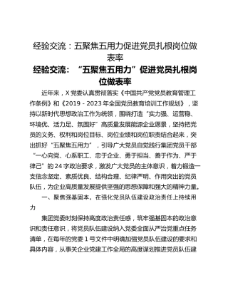 经验交流：五聚焦五用力促进党员扎根岗位做表率
