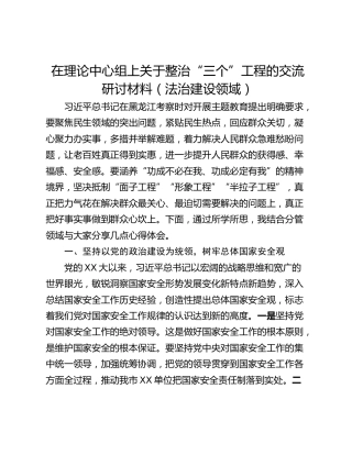 在理论中心组上关于整治“三个”工程的交流研讨材料（法治建设领域）