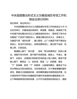 中央层面整治形式主义为基层减负专项工作机制会议研讨材料