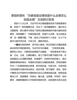 某组织部长“为谁创造业绩创造什么业绩怎么创造业绩”交流研讨发言