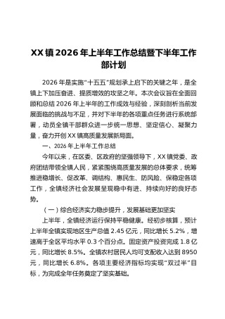 XX镇2026年上半年工作总结暨下半年工作部计划
