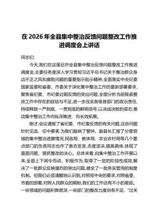 在2026年全县集中整治反馈问题整改工作推进调度会上讲话