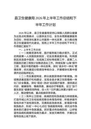 县卫生健康局2026年上半年工作总结和下半年工作计划