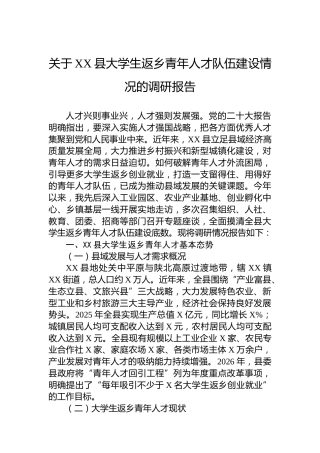 关于XX县大学生返乡青年人才队伍建设情况的调研报告