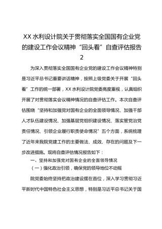 XX设计院关于贯彻落实全国国有企业党的建设工作会议精神“回头看”自查评估报告2