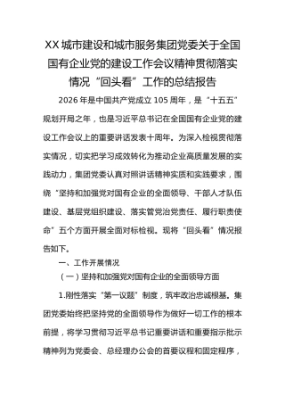 XX集团党委关于全国国有企业党的建设工作会议精神贯彻落实情况“回头看”工作的总结报告