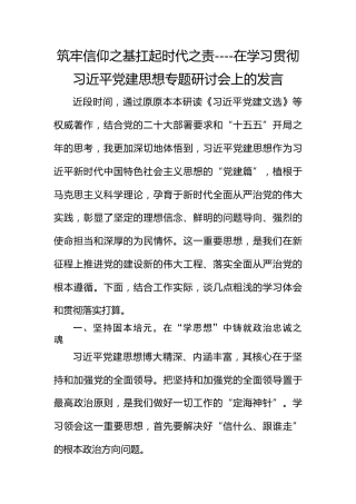 筑牢信仰之基 扛起时代之责----在学习贯彻总书记党建思想专题研讨会上的发言