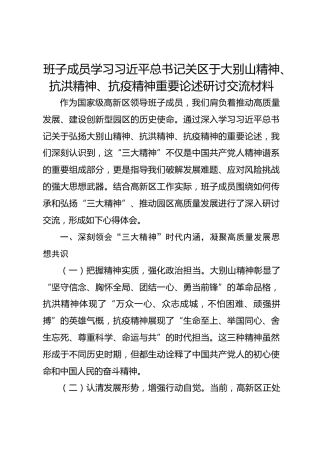 班子成员学习总书记关区于大别山精神、抗洪精神、抗疫精神重要论述研讨交流材料