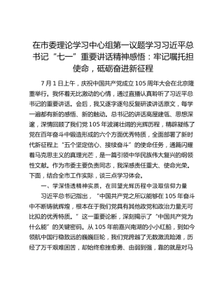 在市委理论学习中心组第一议题学习习近平总书记“七一”重要讲话精神感悟：牢记嘱托担使命，砥砺奋进新征程