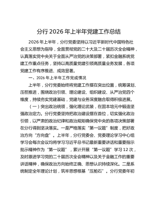 分行2026年上半年党建工作总结