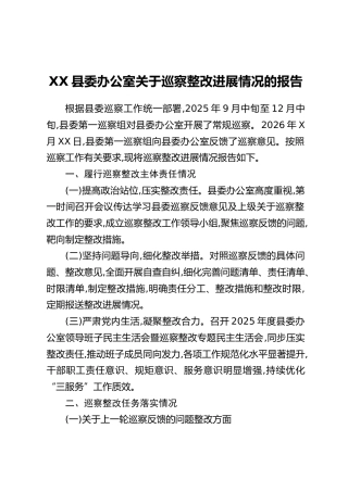 XX县委办公室关于巡察整改进展情况的报告