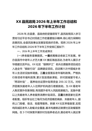 XX县民政局2026年上半年工作总结和2026年下半年工作计划